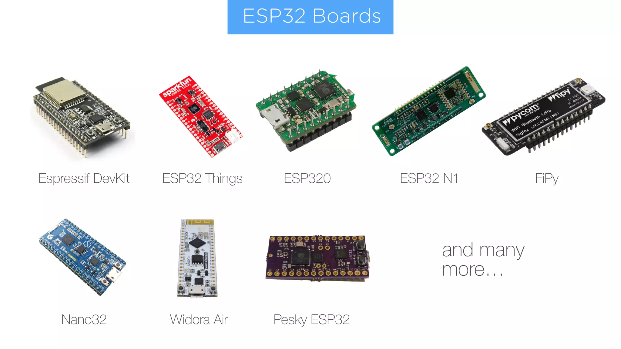 ESP32 Boards
Widora Air
Espressif DevKit
Nano32 Pesky ESP32
ESP32 Things ESP32 N1 FiPyESP320
and many
more…
 