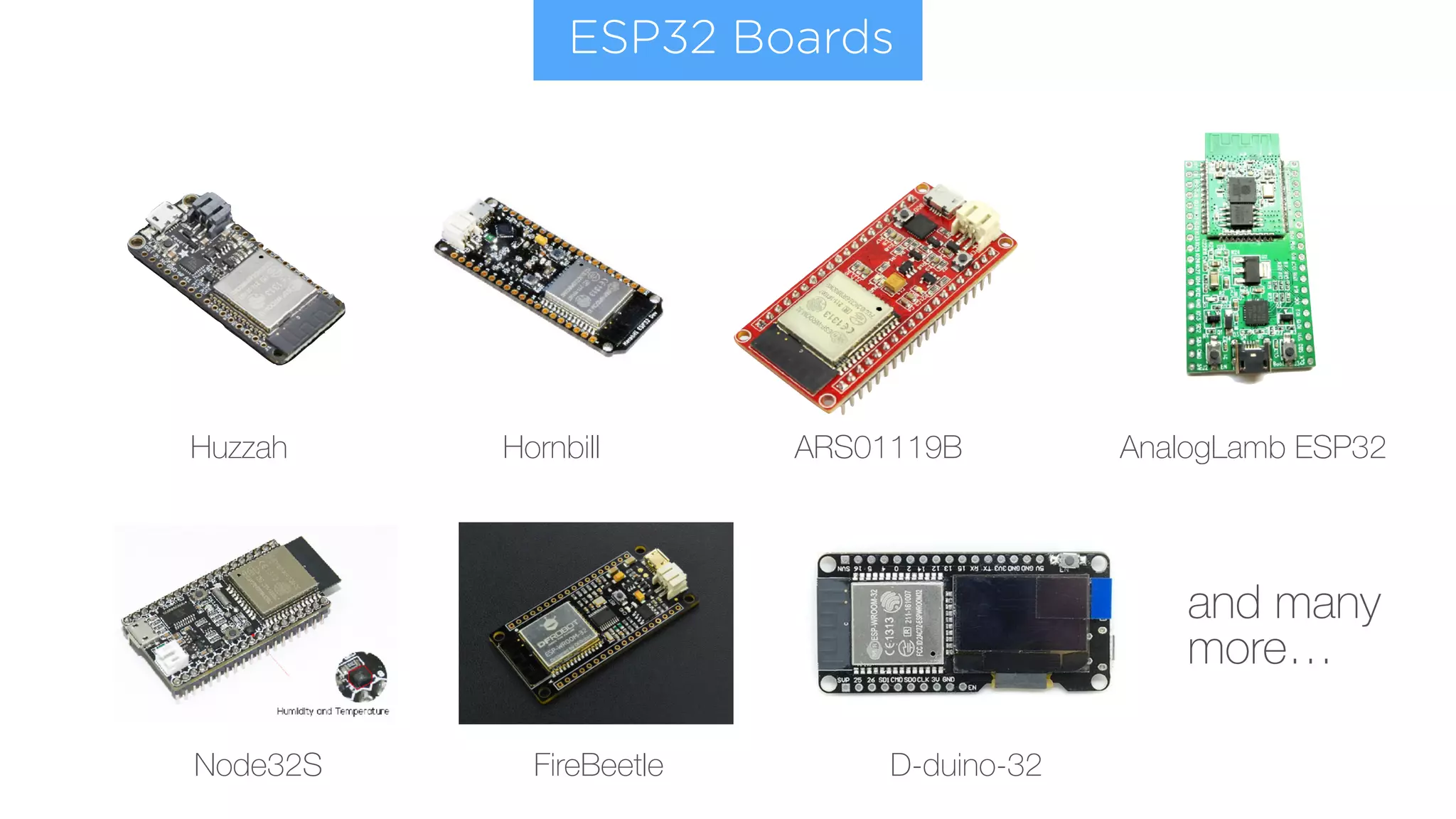 Hornbill ARS01119BHuzzah AnalogLamb ESP32
Node32S FireBeetle D-duino-32
ESP32 Boards
and many
more…
 