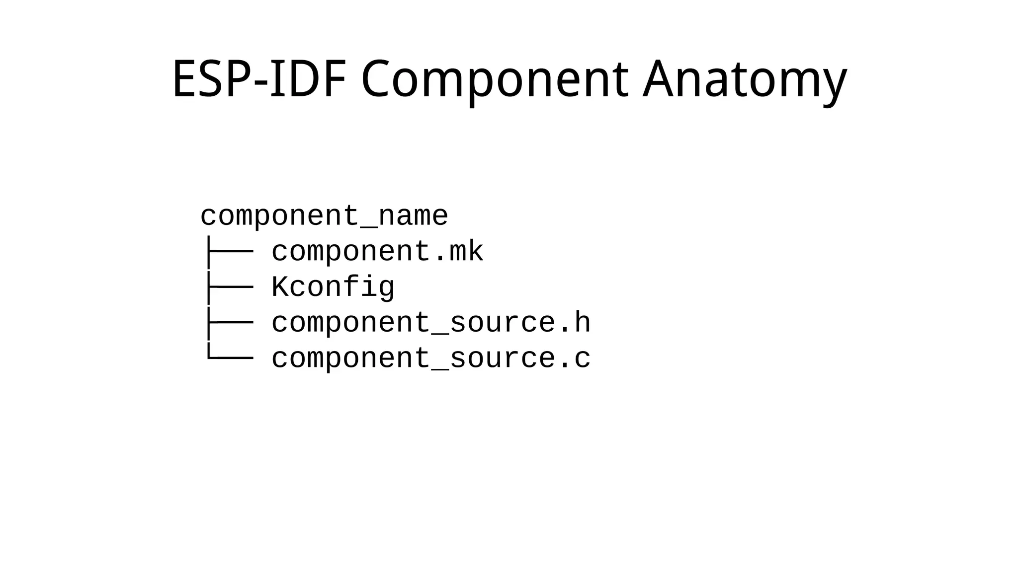 component_name
├── component.mk
├── Kconfig
├── component_source.h
└── component_source.c
ESP-IDF Component Anatomy
 