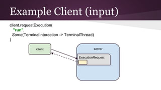 Example Client (input)
client.requestExecution(
"run",
Some(TerminalInteraction -> TerminalThread)
)
client server
Executi...