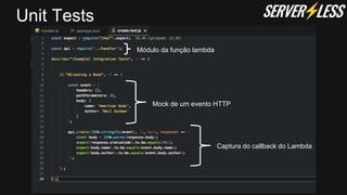 Unit Tests
Módulo da função lambda
Mock de um evento HTTP
Captura do callback do Lambda
 