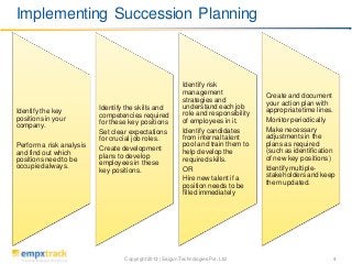 Implementing Succession Planning

Identify the key
positions in your
company.
Perform a risk analysis
and find out which
positions need to be
occupied always.

Identify the skills and
competencies required
for these key positions
Set clear expectations
for crucial job roles.
Create development
plans to develop
employees in these
key positions.

Identify risk
management
strategies and
understand each job
role and responsibility
of employees in it.
Identify candidates
from internal talent
pool and train them to
help develop the
required skills.
OR
Hire new talent if a
position needs to be
filled immediately

Copyright 2013 | Saigun Technologies Pvt. Ltd.

Create and document
your action plan with
appropriate time lines.
Monitor periodically
Make necessary
adjustments in the
plans as required
(such as identification
of new key positions)
Identify multiplestakeholders and keep
them updated.

4

 