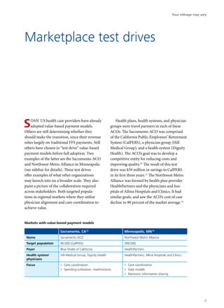 Marketplace test drives
SOME US health care providers have already
adopted value-based payment models.
Others are still determining whether they
should make the transition, since their revenue
relies largely on traditional FFS payments. Still
others have chosen to “test drive” value-based
payment models before full adoption. Two
examples of the latter are the Sacramento ACO
and Northwest Metro Alliance in Minneapolis
(see sidebar for details). These test drives
offer examples of what other organizations
may launch into on a broader scale. They also
paint a picture of the collaboration required
across stakeholders. Both targeted popula-
tions in regional markets where they utilize
physician alignment and care coordination to
achieve value.
Health plans, health systems, and physician
groups were travel partners in each of these
ACOs. The Sacramento ACO was comprised
of the California Public Employees’ Retirement
System (CalPERS), a physician group (Hill
Medical Group), and a health system (Dignity
Health). The ACO’s goal was to develop a
competitive entity for reducing costs and
improving quality.10
The result of this test
drive was $59 million in savings to CalPERS
in its first three years.11
The Northwest Metro
Alliance was formed by health plan provider
HealthPartners and the physicians and hos-
pitals of Allina Hospitals and Clinics. It had
similar goals, and saw the ACO’s cost of care
decline to 90 percent of the market average.12
Markets with value-based payment models
Sacramento, CA13
Minneapolis, MN14
Name Sacramento ACO Northwest Metro Alliance
Target population 40,000 (CalPERS) 300,000
Payer Blue Shield of California HealthPartners
Health system/
physicians
Hill Medical Group, Dignity Health HealthPartners, Allina Hospitals and Clinics
Focus •	 Care coordination
•	 Spending (utilization, readmissions)
•	 Care coordination
•	 Data models
•	 Electronic information sharing
Your mileage may vary
5
 