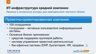 8 800 100-22-50
WWW.ACTIVECLOUD.COM
Прямые и косвенные выгоды для виртуального частного облака
Источник: De Novo
ИТ-инфраструктура средней компании
Проектно-ориентированная компания.
• 100 сотрудников
• Сотрудники – активные пользователи информационной
системы
• Основные бизнес приложения:
• средства поддержки групповой работы
• система управления проектной деятельностью
• бэк-офисные системы (ERP, бухгалтерия, HR, продажи…)
24
 