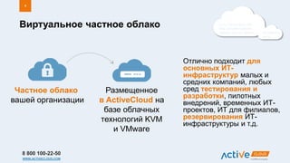 8 800 100-22-50
WWW.ACTIVECLOUD.COM
Виртуальное частное облако
6
Отлично подходит для
основных ИТ-
инфраструктур малых и
средних компаний, любых
сред тестирования и
разработки, пилотных
внедрений, временных ИТ-
проектов, ИТ для филиалов,
резервирования ИТ-
инфраструктуры и т.д.
Частное облако
вашей организации
Размещенное
в ActiveCloud на
базе облачных
технологий KVM
и VMware
Почта, бухгалтерия, ERP,
CRM, документооборот,
серверы, данные, файлы… ПК, рабочие
места…
 