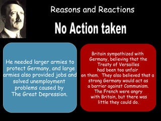 He needed larger armies to protect Germany, and large armies also provided jobs and  solved unemployment  problems caused by  The Great Depression.   Reasons and Reactions Britain sympathized with  Germany, believing that the Treaty of Versailles  had been too unfair  on them.  They also believed that a  strong Germany would act as a barrier against Communism. The French were angry with Britain, but there was little they could do.   No Action taken 