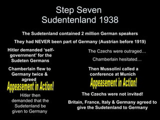 Step Seven  Sudentenland 1938 The Sudetenland contained 2 million German speakers They had NEVER been part of Germany (Austrian before 1919) Hitler demanded ‘self-government’ for the Sudeten Germans  The Czechs were outraged… Chamberlain hesitated… Chamberlain flew to Germany twice & agreed  Then Mussolini called a conference at Munich  Hitler then demanded that the Sudetenland be given to Germany  The Czechs were not invited! Britain, France, Italy & Germany agreed to give the Sudetenland to Germany Appeasement in Action! Appeasement in Action! 