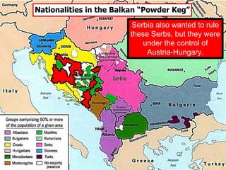 Nationalities in the Balkan “Powder Keg”
Serbia also wanted to rule
these Serbs, but they were
under the control of
Austria-Hungary.
 
