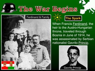 When Francis Ferdinand, the
heir to the Austro-Hungarian
throne, traveled through
Bosnia in June of 1914, he
was assassinated by Serbian
nationalist Gavrilo Princip.
Gavrilo Princip
The Spark
Ferdinand & Family
 