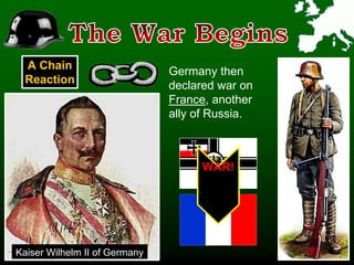 Kaiser Wilhelm II of Germany
Germany then
declared war on
France, another
ally of Russia.
WAR!
A Chain
Reaction
 