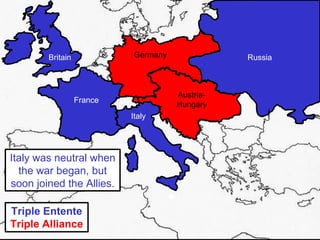 Russia
France
Britain
Austria-
Hungary
Germany
Italy
Triple Entente
Triple Alliance
Italy was neutral when
the war began, but
soon joined the Allies.
 