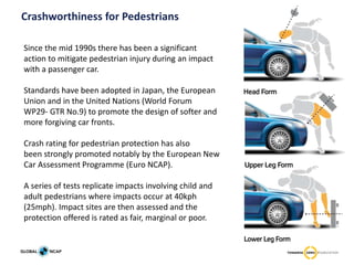 Crashworthiness for Pedestrians
Since the mid 1990s there has been a significant
action to mitigate pedestrian injury during an impact
with a passenger car.
Standards have been adopted in Japan, the European
Union and in the United Nations (World Forum
WP29- GTR No.9) to promote the design of softer and
more forgiving car fronts.
Crash rating for pedestrian protection has also
been strongly promoted notably by the European New
Car Assessment Programme (Euro NCAP).
A series of tests replicate impacts involving child and
adult pedestrians where impacts occur at 40kph
(25mph). Impact sites are then assessed and the
protection offered is rated as fair, marginal or poor.
 