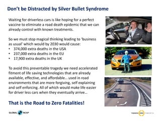 Don’t be Distracted by Silver Bullet Syndrome
Waiting for driverless cars is like hoping for a perfect
vaccine to eliminate a road death epidemic that we can
already control with known treatments.
So we must stop magical thinking leading to ‘business
as usual’ which would by 2030 would cause:
• 374,000 extra deaths in the USA
• 237,000 extra deaths in the EU
• 17,900 extra deaths in the UK
To avoid this preventable tragedy we need accelerated
fitment of life saving technologies that are already
available, effective, and affordable… used in road
environments that are more forgiving, self explaining
and self enforcing. All of which would make life easier
for driver less cars when they eventually arrive…
That is the Road to Zero Fatalities!
 