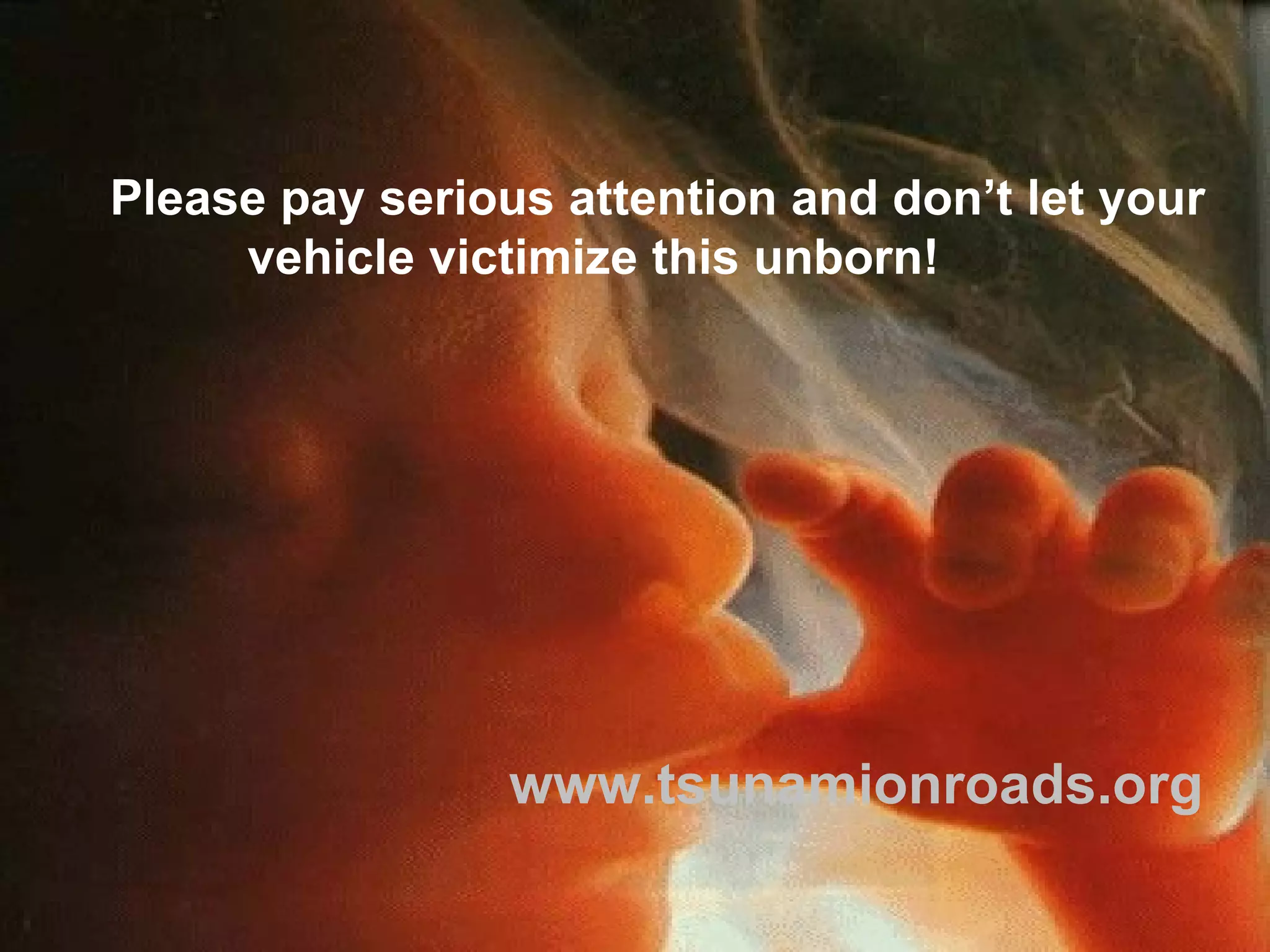 Please pay serious attention and don’t let your  vehicle victimize this unborn!  www.tsunamionroads.org 