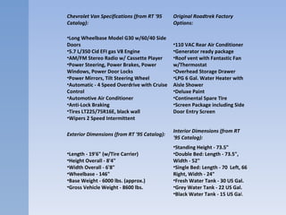 Chevrolet Van Specifications (from RT '95 Catalog):  Original Roadtrek Factory Options:  Long Wheelbase Model G30 w/60/40 Side Doors   5.7 L/350 Cid EFI gas V8 Engine   AM/FM Stereo Radio w/ Cassette Player   Power Steering, Power Brakes, Power Windows, Power Door Locks   Power Mirrors, Tilt Steering Wheel   Automatic - 4 Speed Overdrive with Cruise Control   Automotive Air Conditioner   Anti-Lock Braking   Tires LT225/75R16E, black wall   Wipers 2 Speed Intermittent   110 VAC Rear Air Conditioner   Generator ready package   Roof vent with Fantastic Fan w/Thermostat   Overhead Storage Drawer   LPG 6 Gal. Water Heater with Aisle Shower   Deluxe Paint   Continental Spare Tire   Screen Package including Side Door Entry Screen   Exterior Dimensions (from RT '95 Catalog):  Interior Dimensions (from RT '95 Catalog):  Length - 19'6" (w/Tire Carrier)   Height Overall - 8'4"   Width Overall - 6'8"   Wheelbase - 146"   Base Weight - 6000 lbs. (approx.)   Gross Vehicle Weight - 8600 lbs.  Standing Height - 73.5"   Double Bed: Length - 73.5", Width - 52"   Single Bed: Length - 70  Left, 66 Right, Width - 24"   Fresh Water Tank - 30 US Gal.   Grey Water Tank - 22 US Gal.  Black Water Tank - 15 US Ga l.  