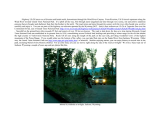 Highway US-20 leaves us at Riverton and heads north, downstream through the Wind River Canyon. From Riverton, US-26 travels upstream along the
Wind River towards Grand Teton National Park. It’s uphill all the way, first through more rangeland and later through very scenic, red and yellow sandstone
canyons that are broader and shallower than their big brother to the north. The road twists and turns through the scenery with the river often beside you, so drive
carefully and enjoy it. You can see parts of the highway on webcams operated by the Wyoming DOT. Here’s their webcam on US-26 at Togwotte Pass over the
Continental Divide, east of Grand Teton National Park: http://www.wyoroad.info/highway/webcameras/US26287WindRiverLake/US26287WindRiverLake.html
. Snowfall on the ground here often exceeds 25 feet and reports of over 50 feet are known. The road is shut down for days at a time during blizzards. Grand
Teton National Park was established in its present form in 1950, consolidating several Federal land holdings and providing a winter range for the elk that inhabit
the high country in Yellowstone National Park. Route US-26 runs along the length of the park on the east side, providing wonderful views of the highest
mountains of the Teton Range. If you would rather see the bottom of the valley, you can take float trips on the Snake River from Jackson, Wyoming. Either
way, the Grand Teton National Park (see http://www.nps.gov/grte/index.htm ) is beautiful. Besides enjoying nature, you can enjoy history at several sites in the
park, including Menors Ferry Historic District. For an extra treat, you can see moose right along the side of the road at twilight! We took a back road out of
Jackson, Wyoming a couple of years ago and got photos like this.
Moose by roadside at twilight, Jackson, Wyoming
 