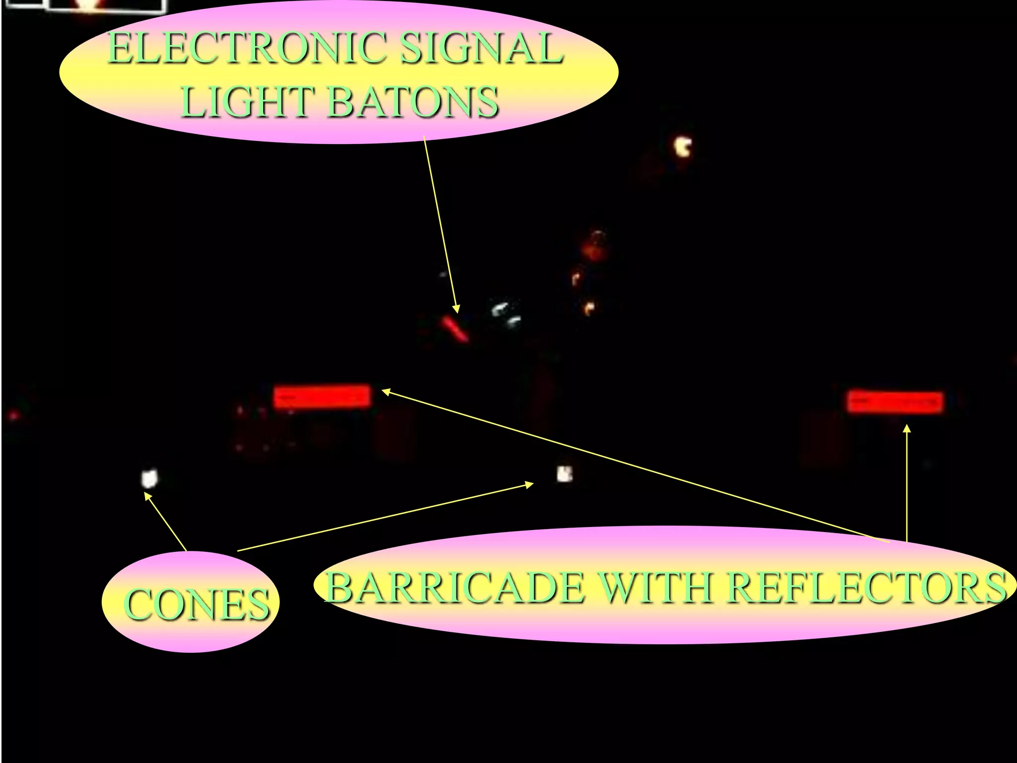 CONES BARRICADE WITH REFLECTORS
ELECTRONIC SIGNAL
LIGHT BATONS
 