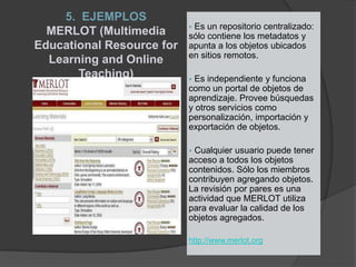 5. EJEMPLOS
                           Es un repositorio centralizado:
  MERLOT (Multimedia       sólo contiene los metadatos y
Educational Resource for   apunta a los objetos ubicados
                           en sitios remotos.
  Learning and Online
       Teaching)            Es independiente y funciona
                           como un portal de objetos de
                           aprendizaje. Provee búsquedas
                           y otros servicios como
                           personalización, importación y
                           exportación de objetos.

                           Cualquier usuario puede tener
                           acceso a todos los objetos
                           contenidos. Sólo los miembros
                           contribuyen agregando objetos.
                           La revisión por pares es una
                           actividad que MERLOT utiliza
                           para evaluar la calidad de los
                           objetos agregados.

                           http://www.merlot.org
 
