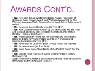 Awards Cont’d.1983: New York Times Outstanding Books Award, Federation of Children's Book Groups Award, and Whitbread Award (all for The Witches). Also wins World Fantasy Convention Lifetime Achievement Award.1984: Deutsche Jugendliteraturpreis (for The BFG).1985: Kurt Maschler award runner–up (for The Giraffe and the Pelly and Me) and Boston Globe/Horn Book nonfiction honor citation (for Boy – Tales of Childhood).1986: West Australian Award (for The Witches) and International Board on Books for Young People awards for Norwegian and German translations (for The BFG).1988: Federation of Children's Book Groups Award (for Matilda).1990: Smarties Award (for Esio Trot).1997: Good Book Guide "Best Books of the Past 20 Years" (for The BFG).1998: Matilda voted "Nation's Favorite Children's Book" in BBC Bookworm Poll.2000: Millennium Children's Book Award and Blue Peter Book Award (for Charlie and the Chocolate Factory).