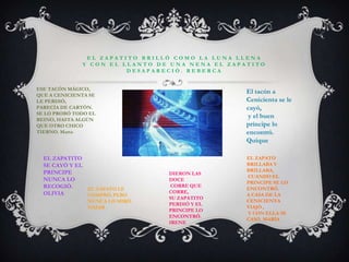 E L Z A P A T I T O B R I L L Ó C O M O L A L U N A L L E N A
Y C O N E L L L A N T O D E U N A N E N A E L Z A P A T I T O
D E S A P A R E C I Ó . R E B E R C A
EL ZAPATITO
SE CAYÓ Y EL
PRINCIPE
NUNCA LO
RECOGIÓ.
OLIVIA
EL ZAPATO
BRILLABA Y
BRILLABA,
CUANDO EL
PRINCIPE SE LO
ENCONTRÓ.
A CASA DE LA
CENICIENTA
VIAJÓ ,
Y CON ELLA SE
CASÓ. MARÍA
ESE TACÓN MÁGICO,
QUE A CENICIENTA SE
LE PERDIÓ,
PARECÍA DE CARTÓN.
SE LO PROBÓ TODO EL
REINO, HASTA ALGÚN
QUE OTRO CHICO
TIERNO. Marta
El tacón a
Cenicienta se le
cayó,
y el buen
príncipe lo
encontró.
Quique
EL ZAPATO LE
COMPRÓ, PERO
NUNCA LO MIRÓ.
NASAR
DIERON LAS
DOCE
CORRE QUE
CORRE,
SU ZAPATITO
PERDIÓ Y EL
PRINCIPE LO
ENCONTRÓ.
IRENE
 