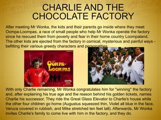 CHARLIE AND THE
CHOCOLATE FACTORY
After meeting Mr Wonka, the kids and their parents go inside where they meet
Oompa-Loompas, a race of small people who help Mr Wonka operate the factory
since he rescued them from poverty and fear in their home country Loompaland.
The other kids are ejected from the factory in comical, mysterious and painful ways -
befitting their various greedy characters and personalities.
With only Charlie remaining, Mr Wonka congratulates him for "winning" the factory
and, after explaining his true age and the reason behind his golden tickets, names
Charlie his successor. They ride the Great Glass Elevator to Charlie's house while
the other four children go home (Augustus squeezed thin, Violet all blue in the face,
Veruca covered in rubbish, and Mike stretched ten feet tall). Afterwards, Mr Wonka
invites Charlie's family to come live with him in the factory, and they do.
 