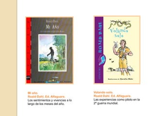 Volando solo.
Roald Dahl. Ed. Alfaguara.
Las experiencias como piloto en la
2ª guerra mundial.
Mi año.
Roald Dahl. Ed. Alfaguara.
Los sentimientos y vivencias a lo
largo de los meses del año.
 