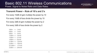 19 CONFIDENTIAL © Copyright 2015. Aruba Networks, Inc. All rights reserved#ATM15 |
Basic 802.11 Wireless Communications
Power, Signal to Noise Ratio and Data Rates
Transmit Power – Rule of 10’s and 3’s
For every 10dB of gain multiply the power by 10
For every 10dB of loss divide the power by 10
For every 3dB of gain multiply the power by 2
For every 3dB of loss divide the power by 2
3dBm ----- 2mW
6dBm ----- 4mW
9dBm ----- 8mW
12dBm ----- 16mW
15dBm ----- 31mW
18dBm ----- 63mW
21dBm ----- 125mW
22dBm ----- 158mW
22.5dBm -- 177mW
23dBm ----- 200mW
 