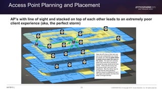 29 CONFIDENTIAL © Copyright 2015. Aruba Networks, Inc. All rights reserved#ATM15 |
Access Point Planning and Placement
AP’s with line of sight and stacked on top of each other leads to an extremely poor
client experience (aka, the perfect storm)
Stack the AP’s floor to floor and now
you’ve just compounded your issues
by a factor of X with the power where
it needs to be to reach the users in
the rooms. The client will randomly
select one of the APs to connect to
because the power levels are all very
similar. If they pick the wrong one,
they going to get a very poor user
experience. Now the retries may be
so high that the client decides it
needs to move to a different AP but it
may again pick another one that is far
away or through the floor.
 