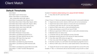 54 CONFIDENTIAL © Copyright 2015. Aruba Networks, Inc. All rights reserved#ATM15 |
Client Match
Default Thresholds
Client Match Enabled  Enabled by default starting in 6.3, please DO NOT DISABLE
Client Match report interval (sec) 30  How often the AP’s send their VBR
Allows Client Match to automatically Enabled
clear unsteerable clients after ageout
Client Match Unsteerable Client Ageout (min) 2 Days 0 Hours  Clients are deemed Unsteerable after 2 unsuccessful attempts
Client Match Band Steer G Band Max Signal (-dBm) 45  Signal level above which clients on B/G band will not be bandsteered
Client Match Band Steer A Band Min Signal (-dBm) 75  Signal level above which clients on A band will not be bandsteered
Client Match Sticky Client Check Interval (sec) 3  Frequency with which the AP runs the sticky algorithm
Client Match Sticky client check SNR (dB) 18  Minimum SNR under which a client will declared sticky
Client Match SNR threshold(dB) 10  Delta value between current AP and new AP SNR
Client Match Sticky Min Signal 65  Minimum signal level in RSSI over which a client will be declared sticky
Client Match Restriction timeout (sec) 10  Blacklist timeout for sticky move
Client Match Load Balancing threshold (%) 20  Threshold value for client distribution across channels
Client Match IOS Steer Backoff interval (sec) 300  Bandsteer backoff interval for IOS devices for failed bandsteer
Client Match VBR Stale Entry Age (sec) 120  How often stale VBR entries are aged out
Client Match Max steer failures 2  How many steer fails will trigger a client being classified as unsteerable
Client Match Load Balancing client threshold 30  Number of clients on an AP before the load balancing algorithm kicks in
Client Match Load Balancing SNR threshold (dB) 30  Minimum SNR value of AP that is under loaded before a load balancing
event
Client Match Load Balancing signal delta bound (dB) 5  Target AP should not have weaker signal strength than source AP by this
Client Match 11v BSS Transition Management Enabled  802.11v mechanisms will be tried first before using de-auth’s to steer
clients
 