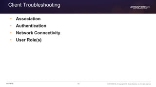 60 CONFIDENTIAL © Copyright 2015. Aruba Networks, Inc. All rights reserved#ATM15 |
Client Troubleshooting
• Association
• Authentication
• Network Connectivity
• User Role(s)
 