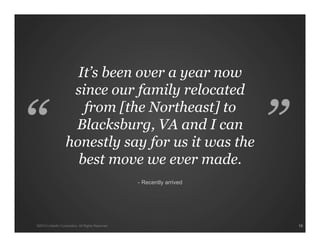 It’s been over a year now
since our family relocated
from [the Northeast] to
Blacksburg, VA and I can
honestly say for us it was the
best move we ever made.
- Recently arrived
1010©2013 LinkedIn Corporation. All Rights Reserved.
 