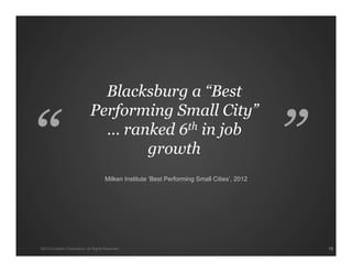 Blacksburg a “Best
Performing Small City”
… ranked 6th in job
growth
Milken Institute ‘Best Performing Small Cities’, 2012
1313©2013 LinkedIn Corporation. All Rights Reserved.
 