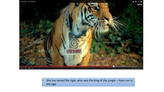 • She has tamed the tiger, who was the king of the jungle – Hum-our in
the sign
 