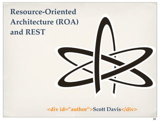 Resource-Oriented
Architecture (ROA)
and REST




         <div id=”author”>Scott Davis</div>
                                              39
 