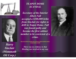 TEAPOT DOME
SCANDAL
Secretary of the Interior
Albert Fall
accepted a $100,000 bribe
from Sinclair for rights to
drill in Teapot Dome. Fall
was found guilty and
became the first cabinet
member to be convicted of a
crime.
http://www.history.com/this-day-in-history/cabinet-member-guilty-i
n-teapot-dome-scandal
There was no evidence to that
Harding was involved in any way.
Harry
Sinclair
(Mammoth
Oil Corp.)
 