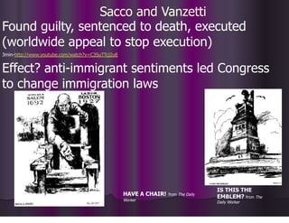Sacco and Vanzetti
HAVE A CHAIR! from The Daily
Worker
IS THIS THE
EMBLEM? from The
Daily Worker
Found guilty, sentenced to death, executed
(worldwide appeal to stop execution)
3min-http://www.youtube.com/watch?v=C3SuTTcj2u8
Effect? anti-immigrant sentiments led Congress
to change immigration laws
 
