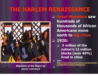 THE HARLEM RENAISSANCE
❑ Great Migration saw
hundreds of
thousands of African
Americans move
north to big cities
❑ 1920:
❑ 5 million of the
nation’s 12 million
blacks (over 40%)
lived in cities
❑ 3min-
http://www.history.com/topics/roaring-twentie
s/videos#the-harlem-renaissance
❑
Migration of the Negro by
Jacob Lawrence
 