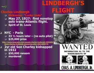 LINDBERGH’S
FLIGHT
Charles Lindbergh
❑ Nickname: “Lucky Lindy”
❑ May 27, 1927: first nonstop
solo trans-Atlantic flight.
❑ Spirit of St. Louis
❑ NYC - Paris
❑ 33 ½ hours later – (no auto pilot)
❑ $25,000 prize
http://www.biography.com/people/charles-lindbergh-9382609/v
ideos/charles-lindbergh-pioneering-pilot-20613699776
❑ 2yr old Son Charley kidnapped
in 1932
❑ $50,000 ransom
❑ murdered
 