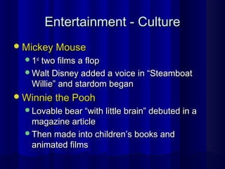 Entertainment - CultureEntertainment - Culture
Mickey MouseMickey Mouse
11stst
two films a floptwo films a flop
Walt Disney added a voice in “SteamboatWalt Disney added a voice in “Steamboat
Willie” and stardom beganWillie” and stardom began
Winnie the PoohWinnie the Pooh
Lovable bear “with little brain” debuted in aLovable bear “with little brain” debuted in a
magazine articlemagazine article
Then made into children’s books andThen made into children’s books and
animated filmsanimated films
 