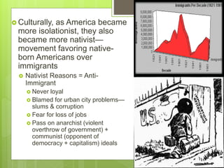  Culturally, as America became
more isolationist, they also
became more nativist—
movement favoring native-
born Americans over
immigrants
 Nativist Reasons = Anti-
Immigrant
 Never loyal
 Blamed for urban city problems—
slums & corruption
 Fear for loss of jobs
 Pass on anarchist (violent
overthrow of government) +
communist (opponent of
democracy + capitalism) ideals
 