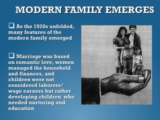 MODERN FAMILY EMERGESMODERN FAMILY EMERGES
 As the 1920s unfolded,As the 1920s unfolded,
many features of themany features of the
modern family emergedmodern family emerged
 Marriage was basedMarriage was based
on romantic love, womenon romantic love, women
managed the householdmanaged the household
and finances, andand finances, and
children were notchildren were not
considered laborers/considered laborers/
wage earners but ratherwage earners but rather
developing children whodeveloping children who
needed nurturing andneeded nurturing and
educationeducation
 