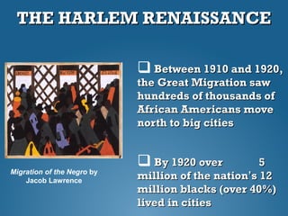 THE HARLEM RENAISSANCETHE HARLEM RENAISSANCE
 Between 1910 and 1920,Between 1910 and 1920,
the Great Migration sawthe Great Migration saw
hundreds of thousands ofhundreds of thousands of
African Americans moveAfrican Americans move
north to big citiesnorth to big cities
 By 1920 over 5By 1920 over 5
million of the nationmillion of the nation’’s 12s 12
million blacks (over 40%)million blacks (over 40%)
lived in citieslived in cities
Migration of the Negro by
Jacob Lawrence
 