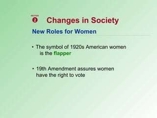 New Roles for Women • The symbol of 1920s American women  is the  flapper • 19th Amendment assures women  have the right to vote Changes in Society 2 SECTION 