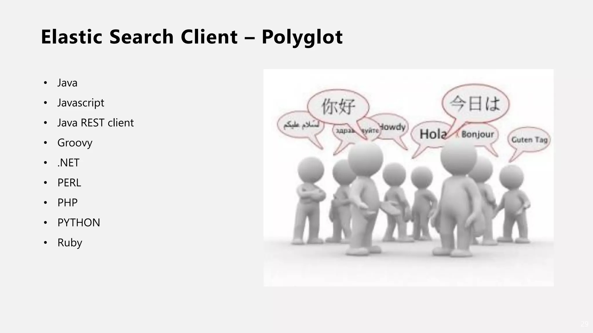 Elastic Search Client – Polyglot
29
• Java
• Javascript
• Java REST client
• Groovy
• .NET
• PERL
• PHP
• PYTHON
• Ruby
 