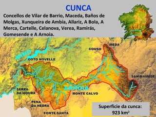 Concellos de Vilar de Barrio, Maceda, Baños de
Molgas, Xunqueira de Ambía, Allariz, A Bola, A
Merca, Cartelle, Celanova, Verea, Ramirás,
Gomesende e A Arnoia.
CUNCA
Superficie da cunca:
923 km2
 