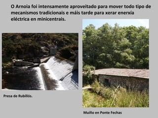 O Arnoia foi intensamente aproveitado para mover todo tipo de
mecanismos tradicionais e máis tarde para xerar enerxía
eléctrica en minicentrais.
Presa de Rubillós.
Muíño en Ponte Fechas
 