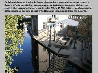 En Baños de Molgas, á beira do Arnoia abroian dous mananciais de augas termais a
Burga e a Fonte quente. Son augas untuosas ao tacto, bicarbonatadas-sódicas, con
calcio e silicatos cunha temperatura de entre 28ºC e 49,5ºC. Estas termas foron usadas
polos romanos e por aquí pasaba a Vía Nova que comunicaba Braga con Astorga.
 