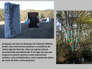 Ecoespazo do Rexo en Requeixo de Valverde (Allariz).
Acolle unha intervención pictórica e escultórica do
artista Agustín Ibarrola, sobre un espazo natural
recentemente acondicionado. É un lugar de ocio que
integra no mesmo contorno unha intervención
artística, unha minihidraúlica, unha explotación piloto
de ovino de leite e unha queixaría.
 