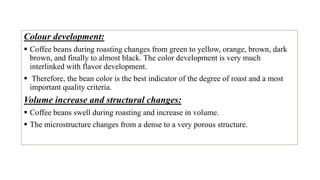 Colour development:
 Coffee beans during roasting changes from green to yellow, orange, brown, dark
brown, and finally to almost black. The color development is very much
interlinked with flavor development.
 Therefore, the bean color is the best indicator of the degree of roast and a most
important quality criteria.
Volume increase and structural changes:
 Coffee beans swell during roasting and increase in volume.
 The microstructure changes from a dense to a very porous structure.
 