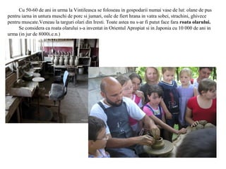 Cu 50-60 de ani in urma la Vintileasca se foloseau in gospodarii numai vase de lut: olane de pus
pentru iarna in untura muschi de porc si jumari, oale de fiert hrana in vatra sobei, strachini, ghivece
pentru muscate.Veneau la targuri olari din Iresti. Toate astea nu s-ar fi putut face fara roata olarului.
     Se considera ca roata olarului s-a inventat in Orientul Apropiat si in Japonia cu 10 000 de ani in
urma (in jur de 8000i.e.n.)
 